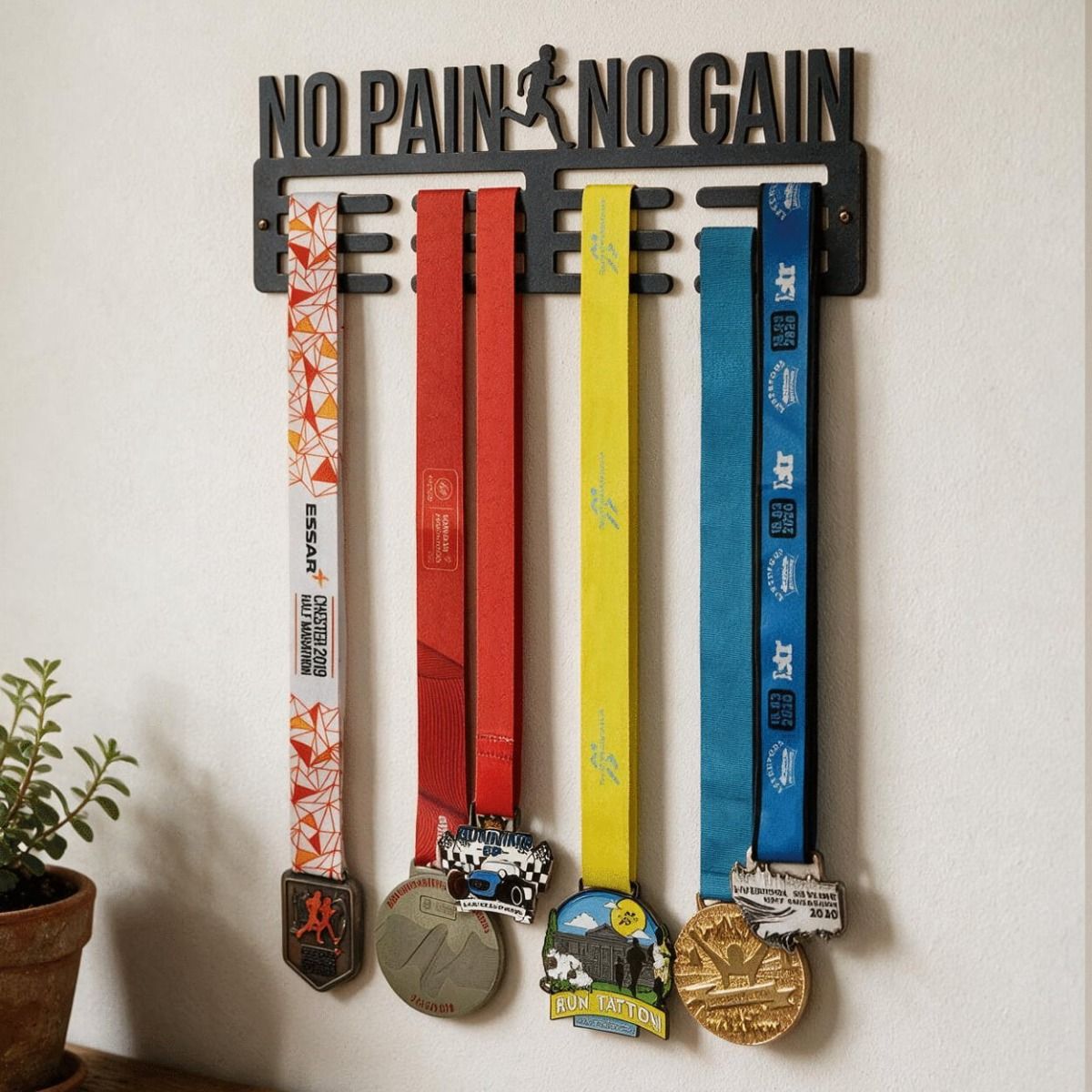 The Male "No Pain No Gain" Sports Medal Hanger  Fitted on a Wall in a Modern Living Room - Digital Illustration
