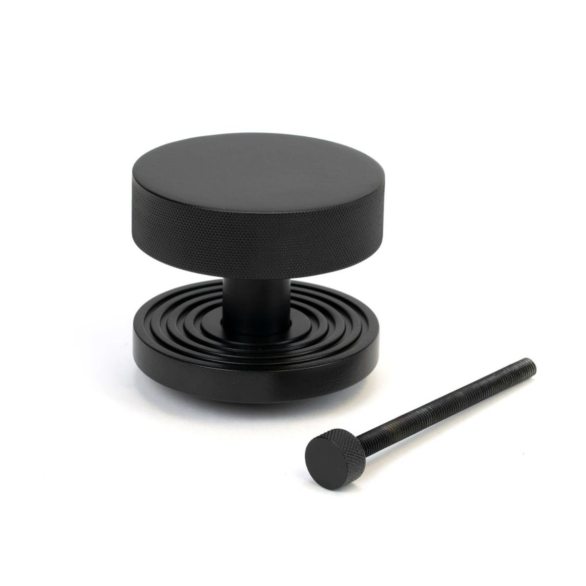 The Matt Black Knurled Centre Door Knob on a Beehive Rose with Bolt Fitting 