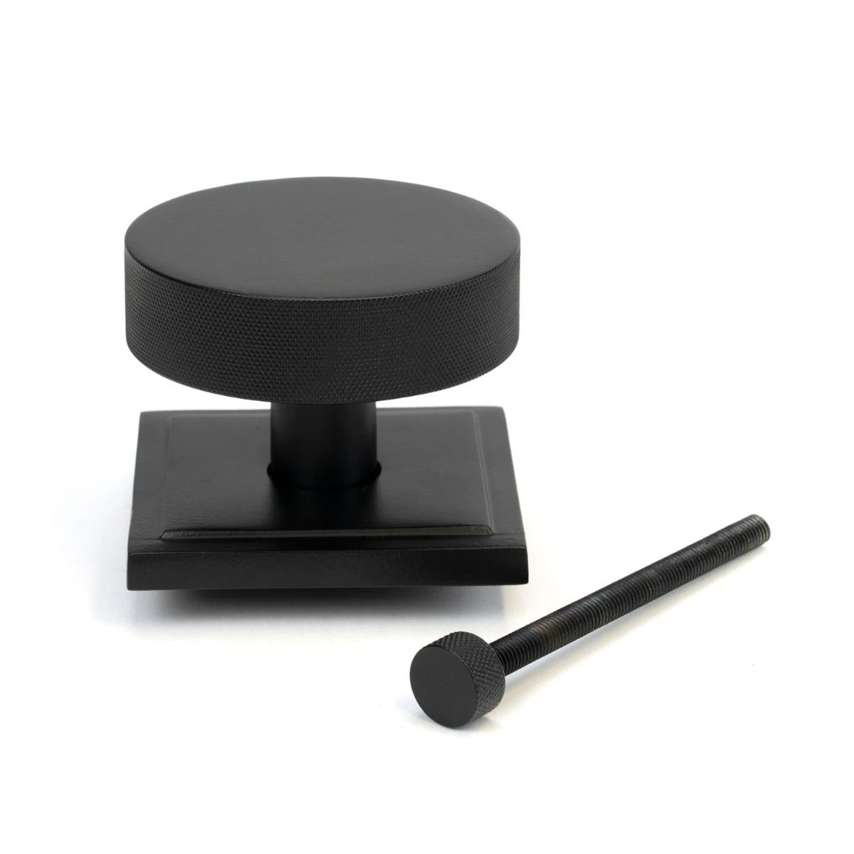 The Matt Black Knurled Centre Door Knob on a Square Rose with Bolt Fitting 