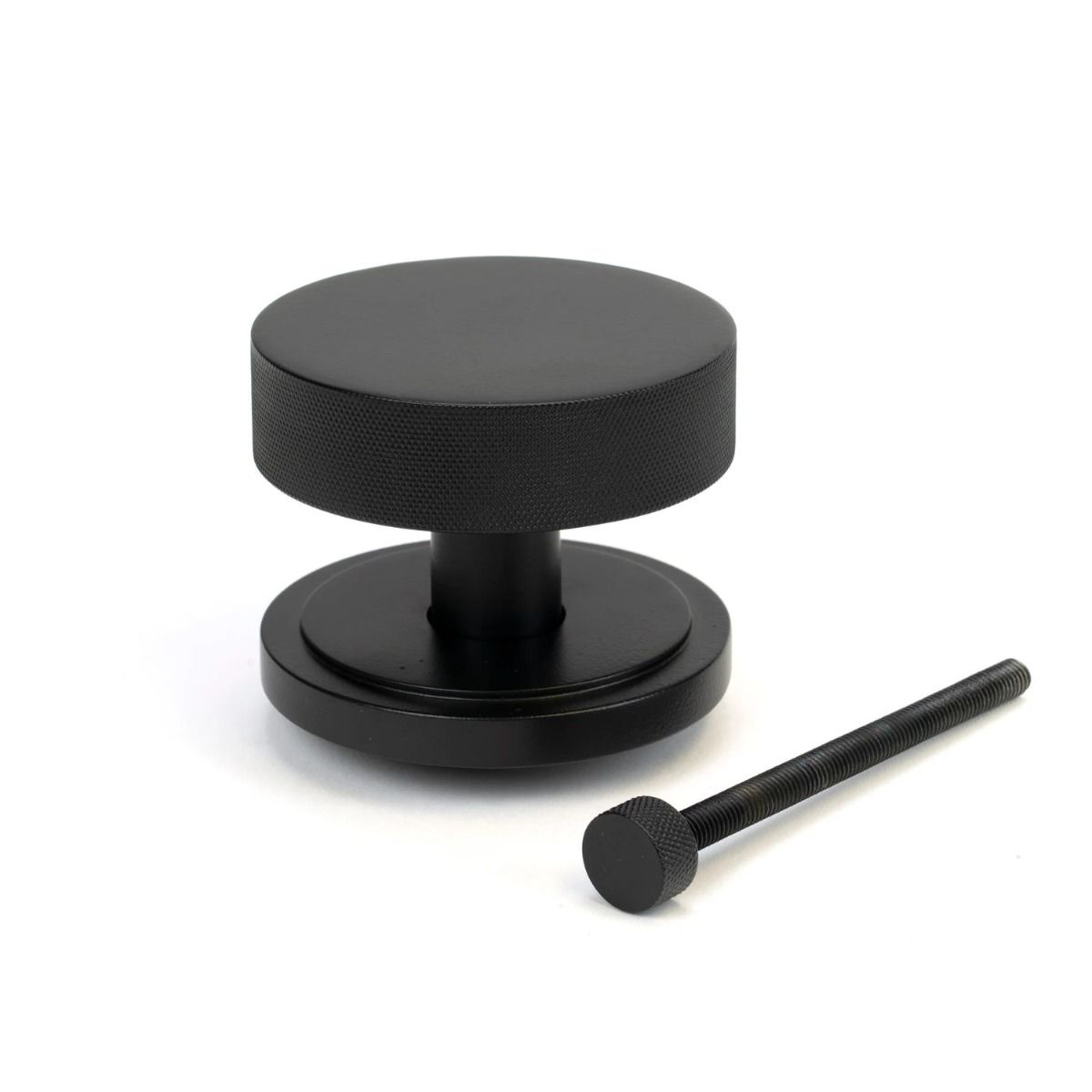 The Matt Black Knurled Centre Door Knob on an Art Deco Rose with Bolt Fitting 