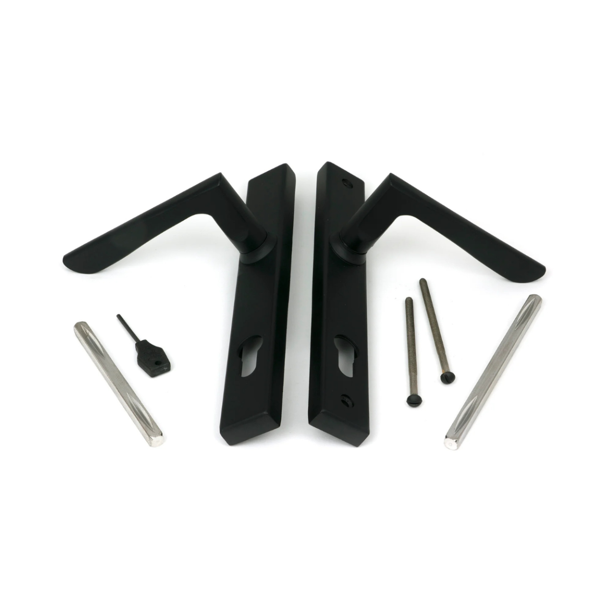 The Matt Black Slimline Espag Lever Door Handle (92mm Centres) Showing All the Fittings