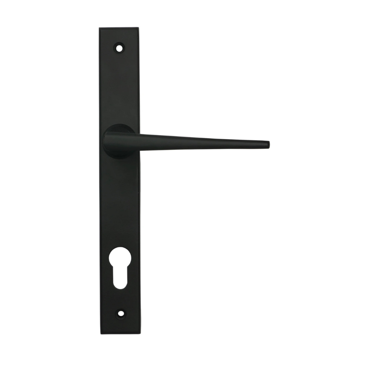 The Matt Black Slimline Espag Lever Door Handle (92mm Centres) Shown from the Front