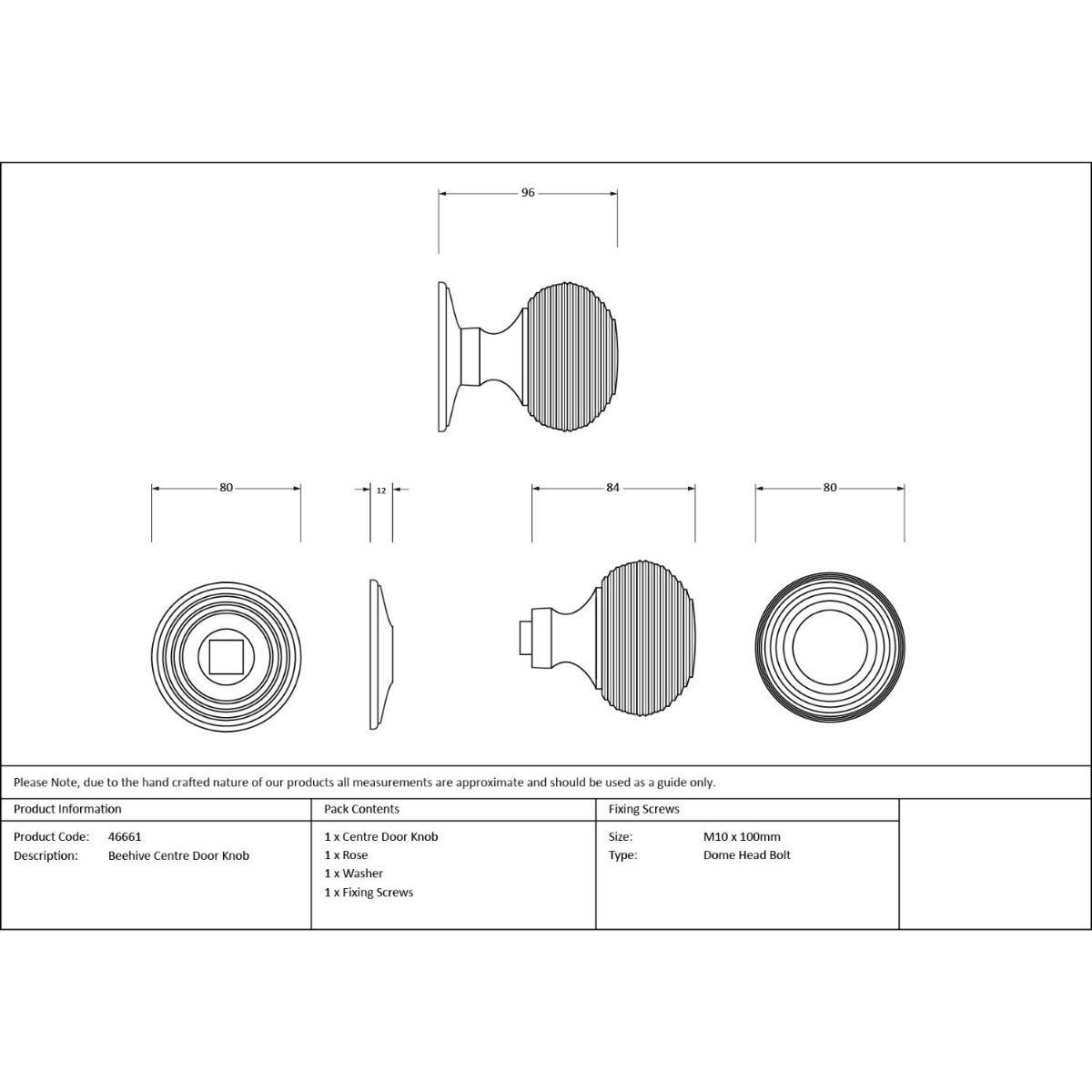 The Matt Black Traditional Beehive Centre Door Knob Technical Drawings and Dimensions 