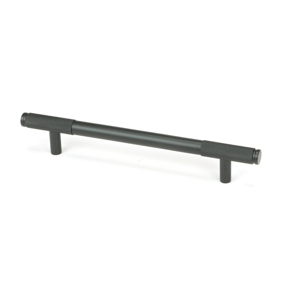 The Medium Half Knurled Cabinet Pull Handle in Matt Black Shown Upright on a White Background