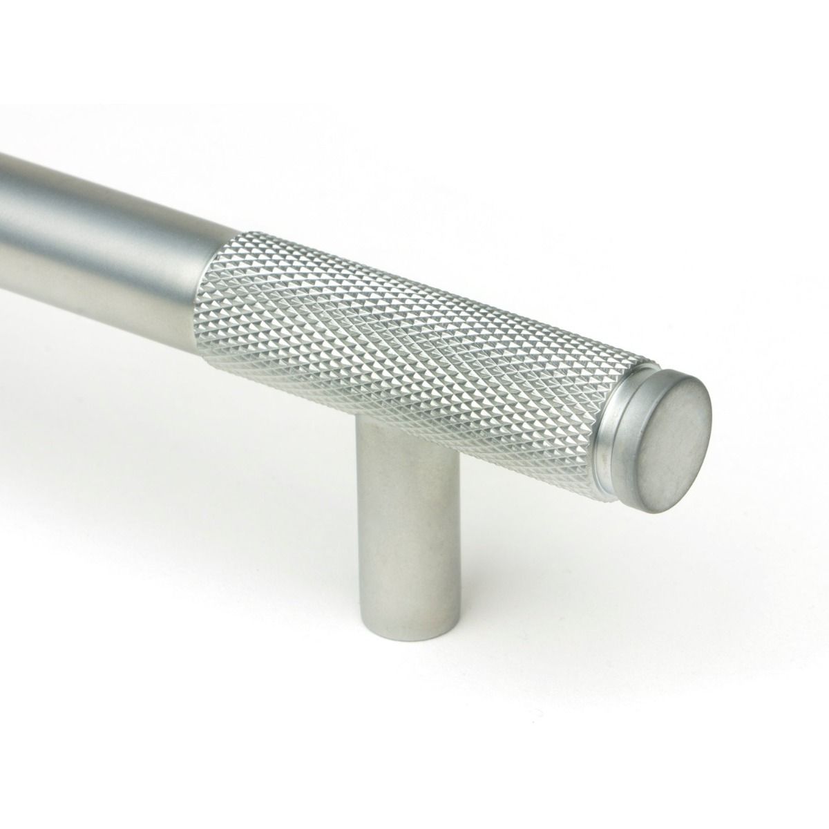 The Medium Half Knurled Cabinet Pull Handle in Satin Chrome Looking Close Up at the End of the Handle