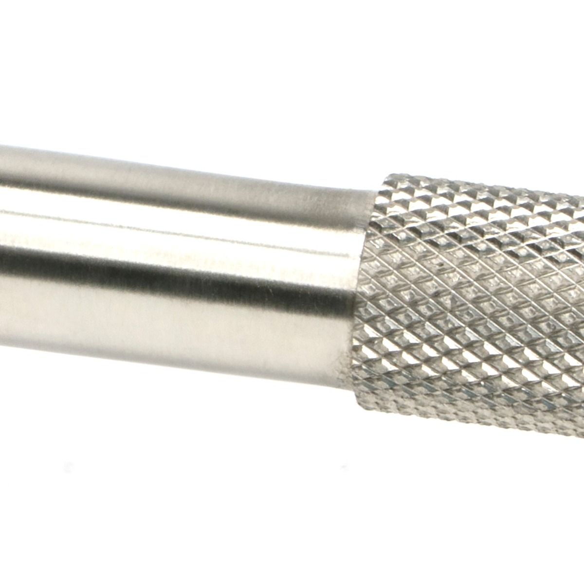The Medium Half Knurled Cabinet Pull Handle in Satin Stainless Steel Looking Close up of the Smooth Grip on the Central Bar