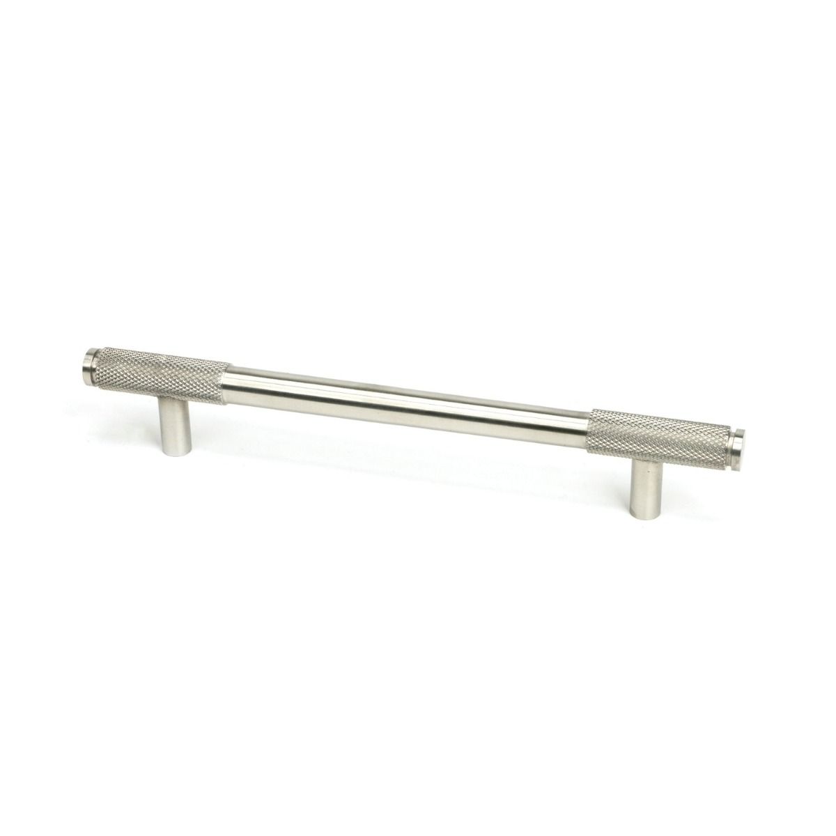 The Medium Half Knurled Cabinet Pull Handle in Satin Stainless Steel Shown Upright on a White Background
