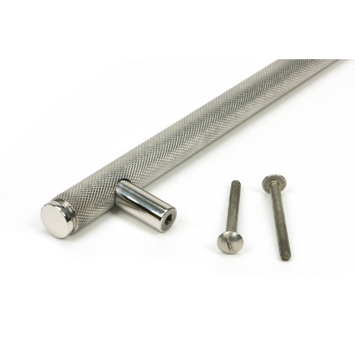 The Medium Knurled Cabinet Pull Handle in Polished Stainless Steel Showing a Close up Image of the Supplied Fittings