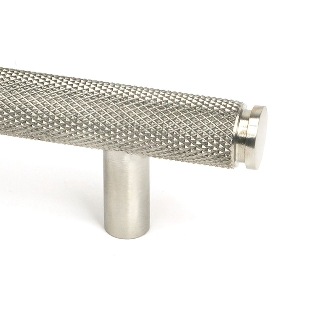 The Medium Knurled Cabinet Pull Handle in Satin Stainless Steel Looking Close up of the End of the Knurled Handle