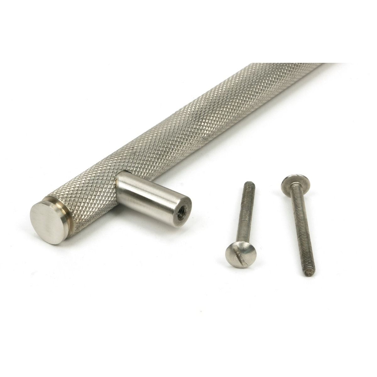 The Medium Knurled Cabinet Pull Handle in Satin Stainless Steel Showing a Close up Image of the Supplied Fittings