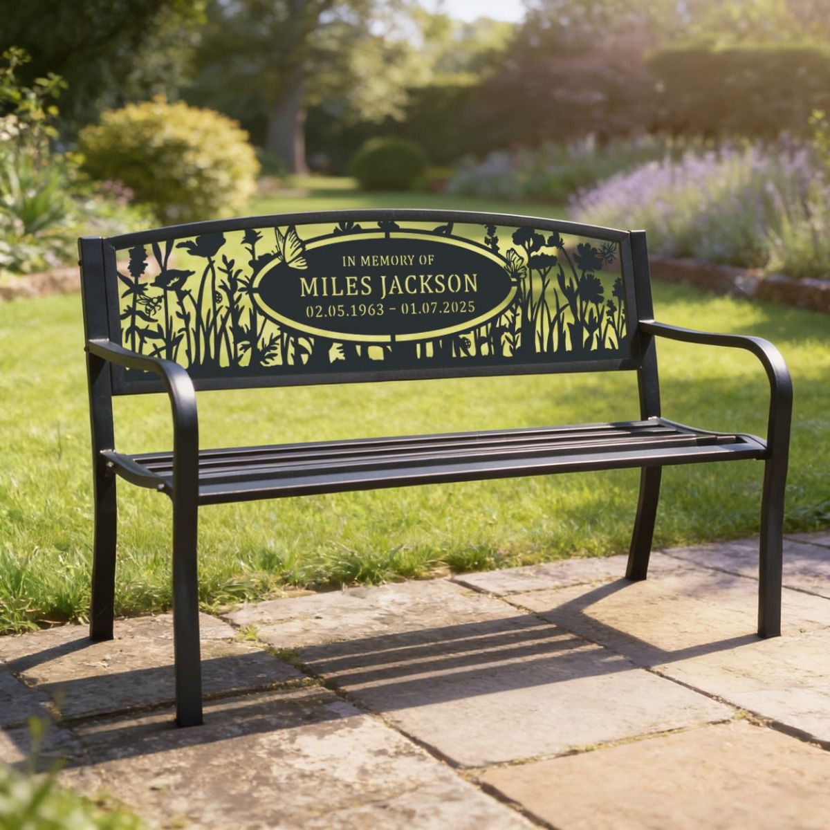 The Memorial Meadow Iron & Steel Park Bench in Black in Front of a Sunny Lawn in Country Cottage Garden - Digital Illustration 