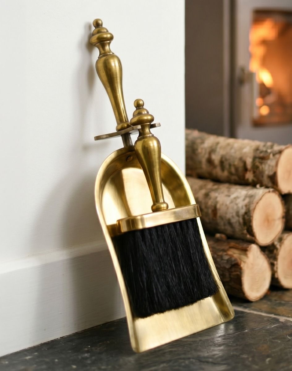 The “Merradew Manor” Brush & Pan Set in a Beautiful Traditional Home next to a Log Burner Stove - Digital Illustration