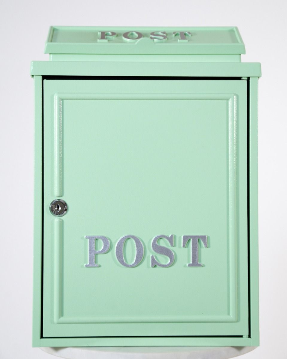 The Mint Green "Oxford" Wall Mounted Post Box with Silver Detail Shown from the Front