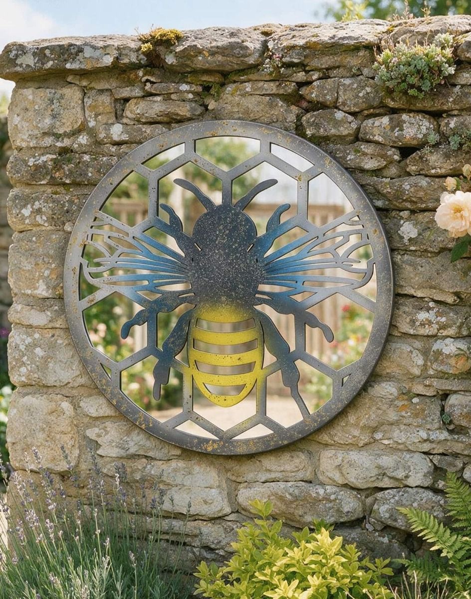 The Mirrored Rustic Bee and Honeycomb Wall Art on a Low Garden Wall in a Rustic Garden - Digital Illustration
