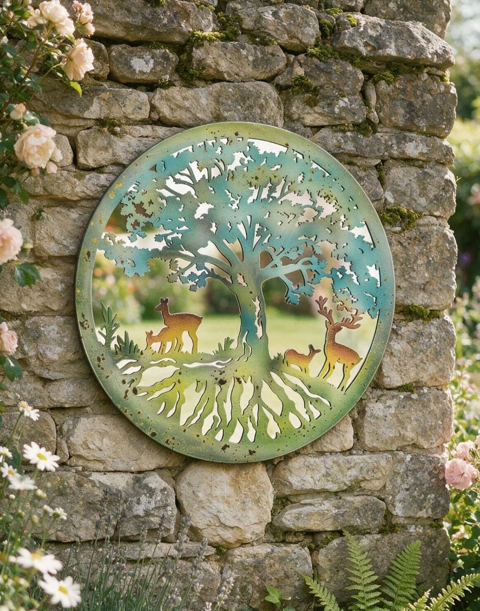 The Mirrored Rustic Deer Under Tree Wall Art on a Stone Wall in a Rustic Garden - Digital Illustration