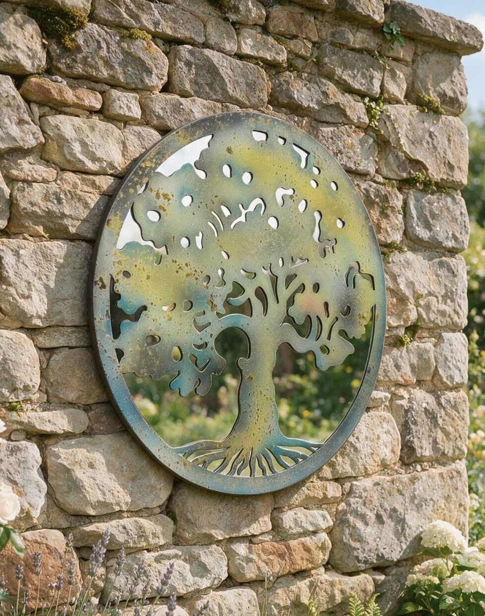 The Mirrored Rustic Oak Tree Wall Art on a Garden Wall in a Cottage - Digital Illustration