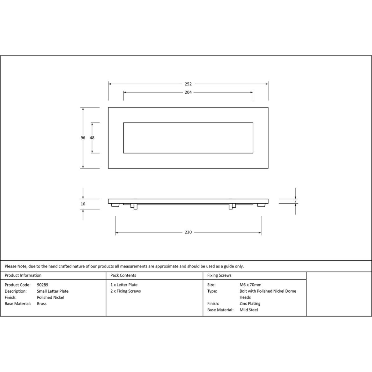 The Modern 10 Inch Front Door Letter Plate - Contemporary Minimalist Flap in a Polished Nickel Finish Technical Drawings and Dimensions