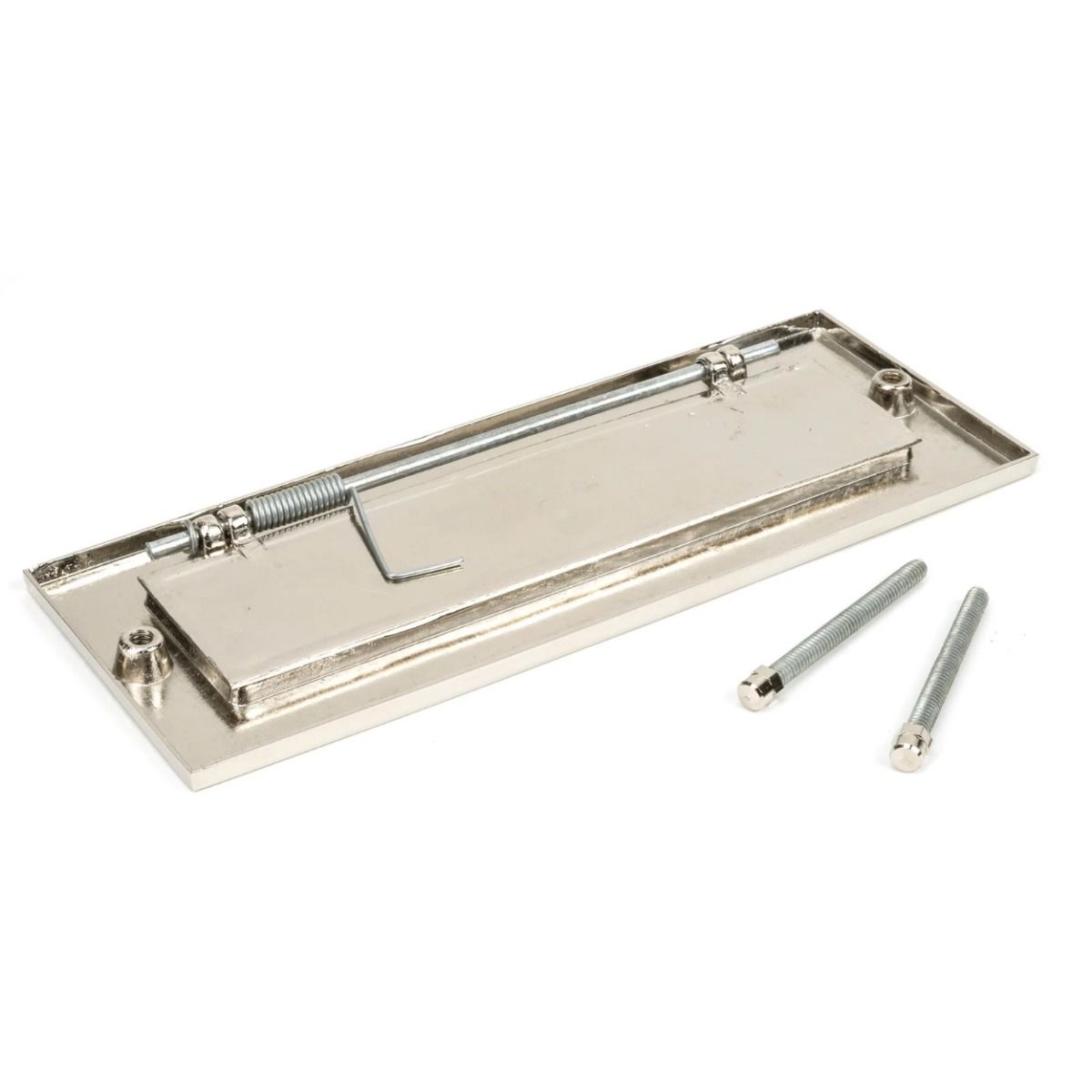 The Modern 10 Inch Front Door Letter Plate - Contemporary Minimalist Flap in a Polished Nickel Finish Shown from Behind with Screws