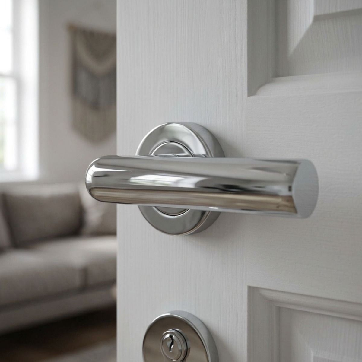 The Modern Curved Round Rose Door Handles in Graphite Grey on a Bright White Living Room Door - Digital Illustration