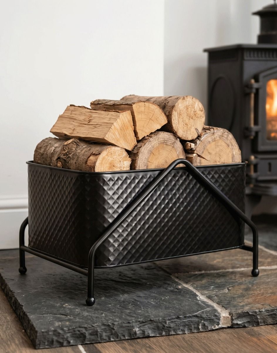 The Modern Diamond Embossed Log Rack & Holder in a Contemporary Living Room Setting with a Log Burner in it - Digital Illustration