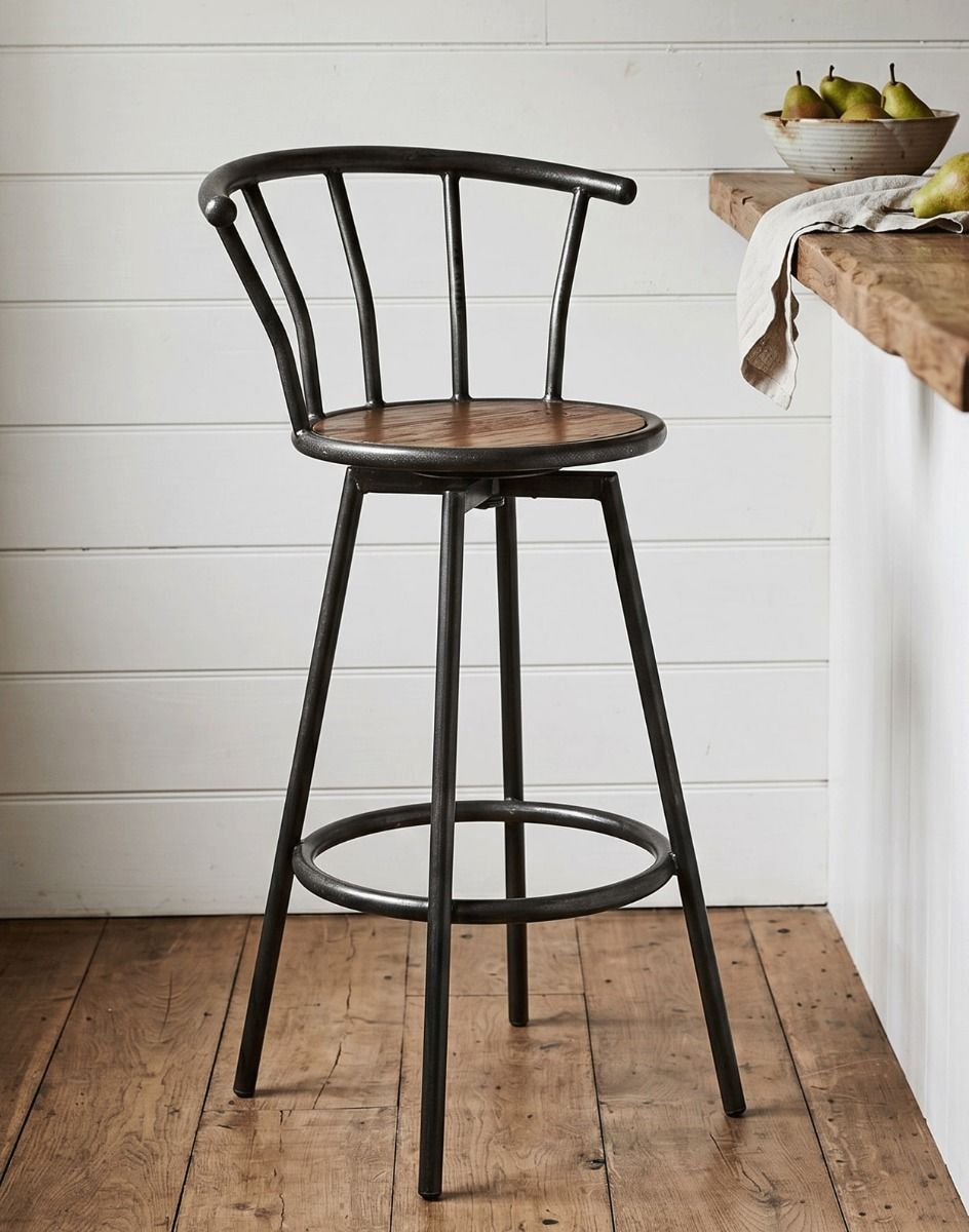 The Modern Iron & Wood Bar Stool next to a Wooden Breakfast Bar in a Kitchen - Digital Illustration