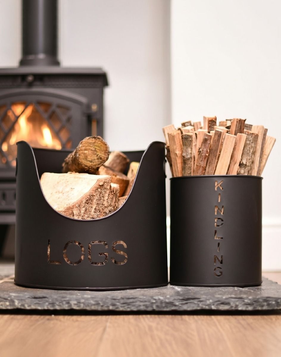 The Modern Kindling and Log Basket Set Displayed in front of a Log Burner Stove - Digital Illustration