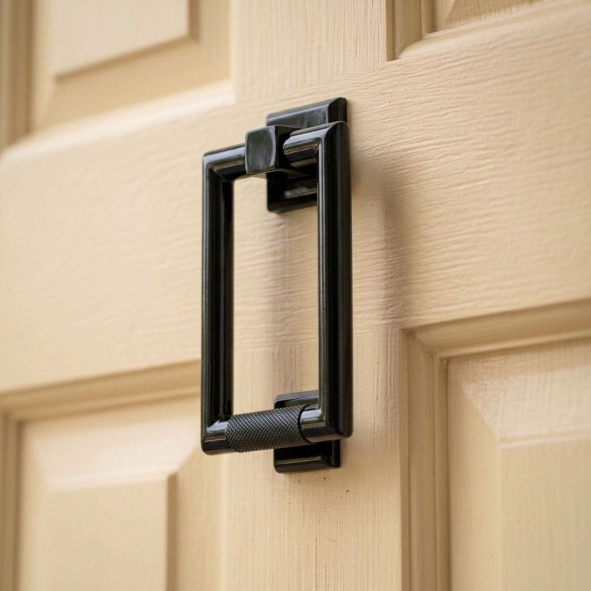 The Modern Knurled Rectangular Door Knocker in Black on a Cream Coloured Timber Front Door - Digital Illustration