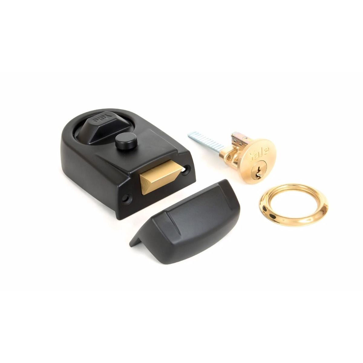 Modern Rim Nightlatch with Cylinder Lock – Matte Black & Brass