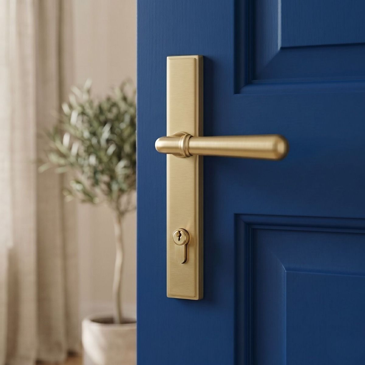The Modern Satin Brass Slim Espagnolette Door Handle & Lock Set on a Blue Door in a Contemporary Home - Digital Illustration