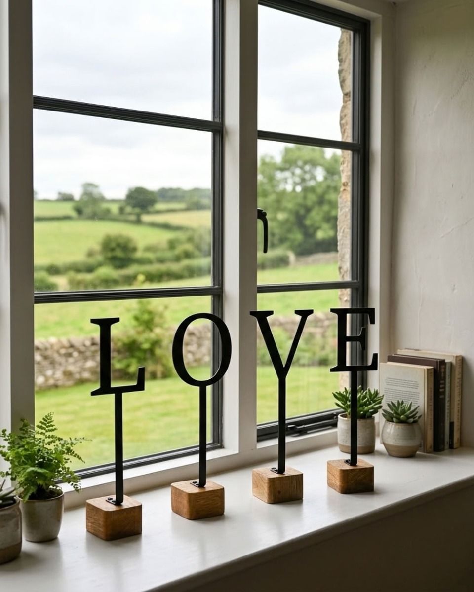 The Monograph Metal & Wood Letter Display Ornaments on a Windowsill Displaying the Word "LOVE"