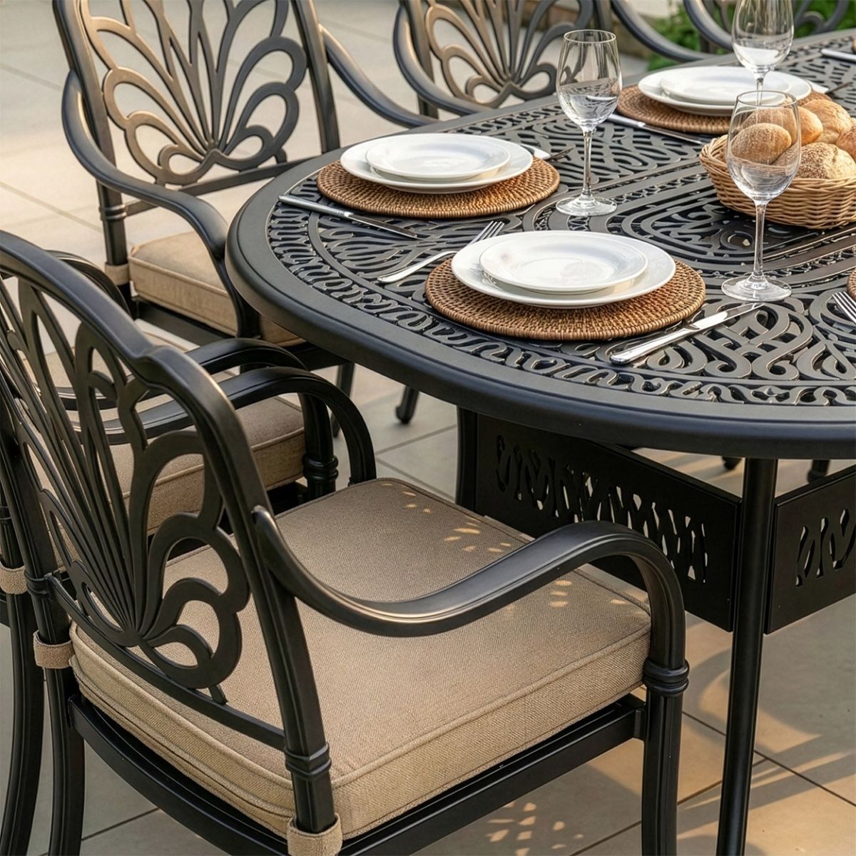 The "Moreville" 8-Seater Outdoor Dining Set in Situ in the Garden digital illustration Table and chair close up Digital illustration