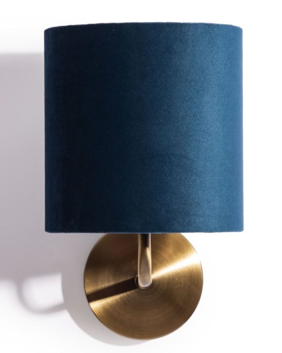 The Navy Mayfair Brushed Brass Wall Lamp with Velvet Shade Shown from the Front on a White Background 