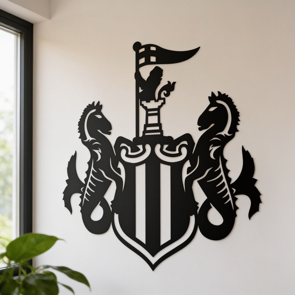 The Newcastle "Magpies" Wall Art in Black on a Cream Coloured Interior Wall - Digital Illustration