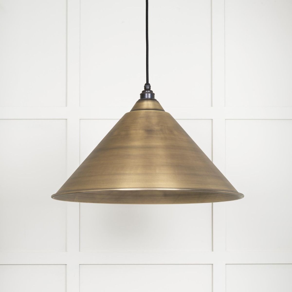 The Nidus Pendant Light in Aged Brass on a White Panelled Background with Light off