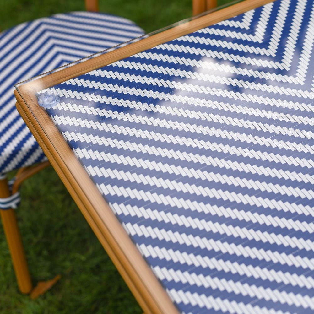 The Nizza Chevron Square Bistro Set in Blue & White Showing a Close up of the Glass Top Table