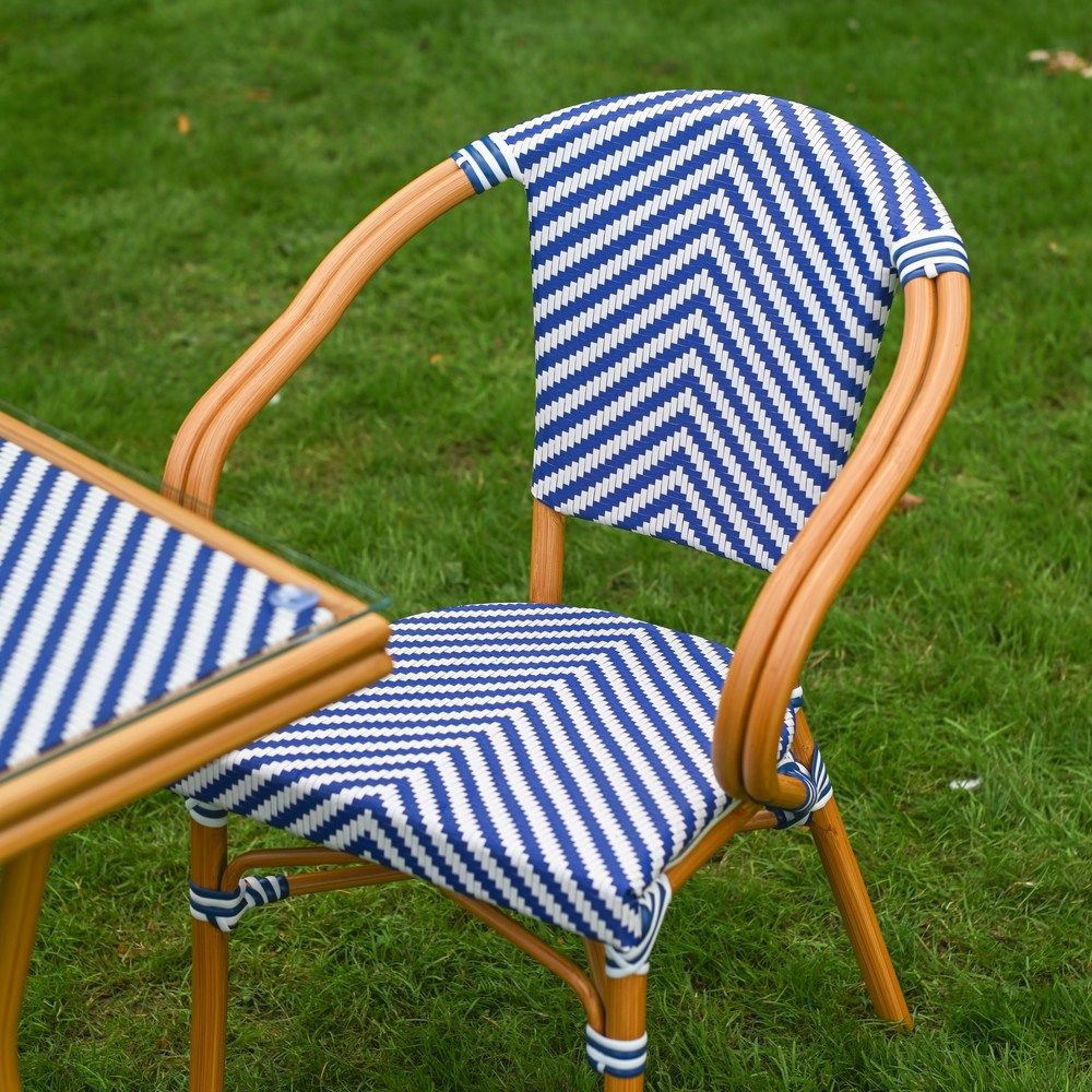 The Nizza Chevron Square Bistro Set in Blue & White Showing the Patterned Backrest