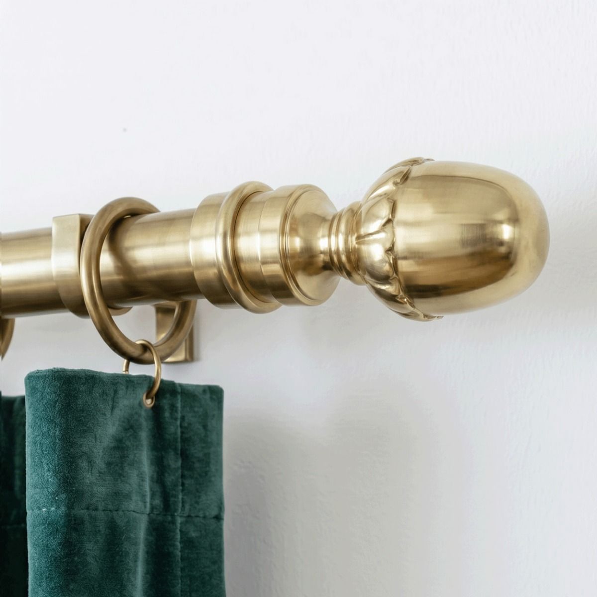 The Oak Acorn Curtain Finial Shown Close up Whilst Mounted on a Matching Curtain Pole in a Modern Home - Digital Illustration