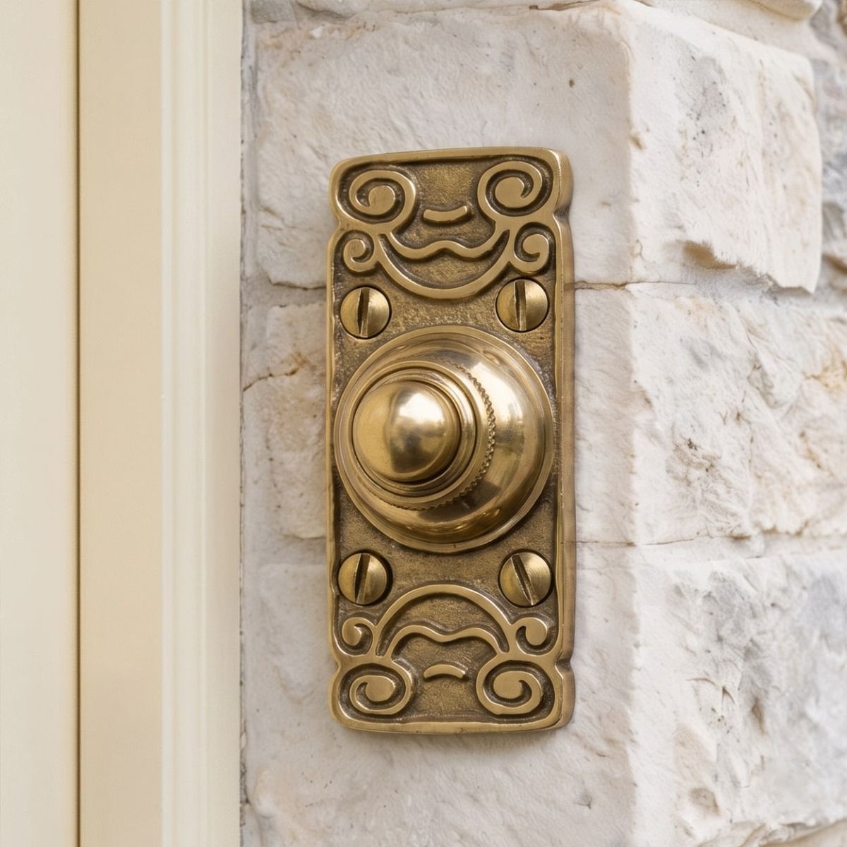 The Ornate Polished Brass Door Bell Push on a White Stone Wall Next to a Front Door Entrance - Digital Illustration 