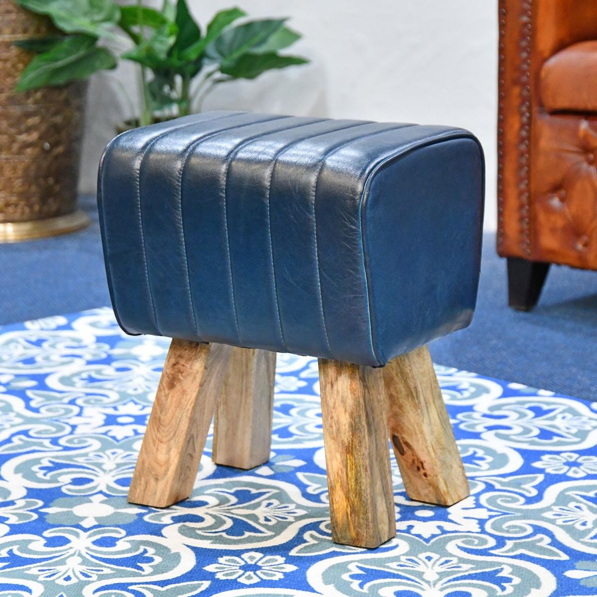 "The Orton" Mango Wood & Leather Bug Stool Finished in Blue