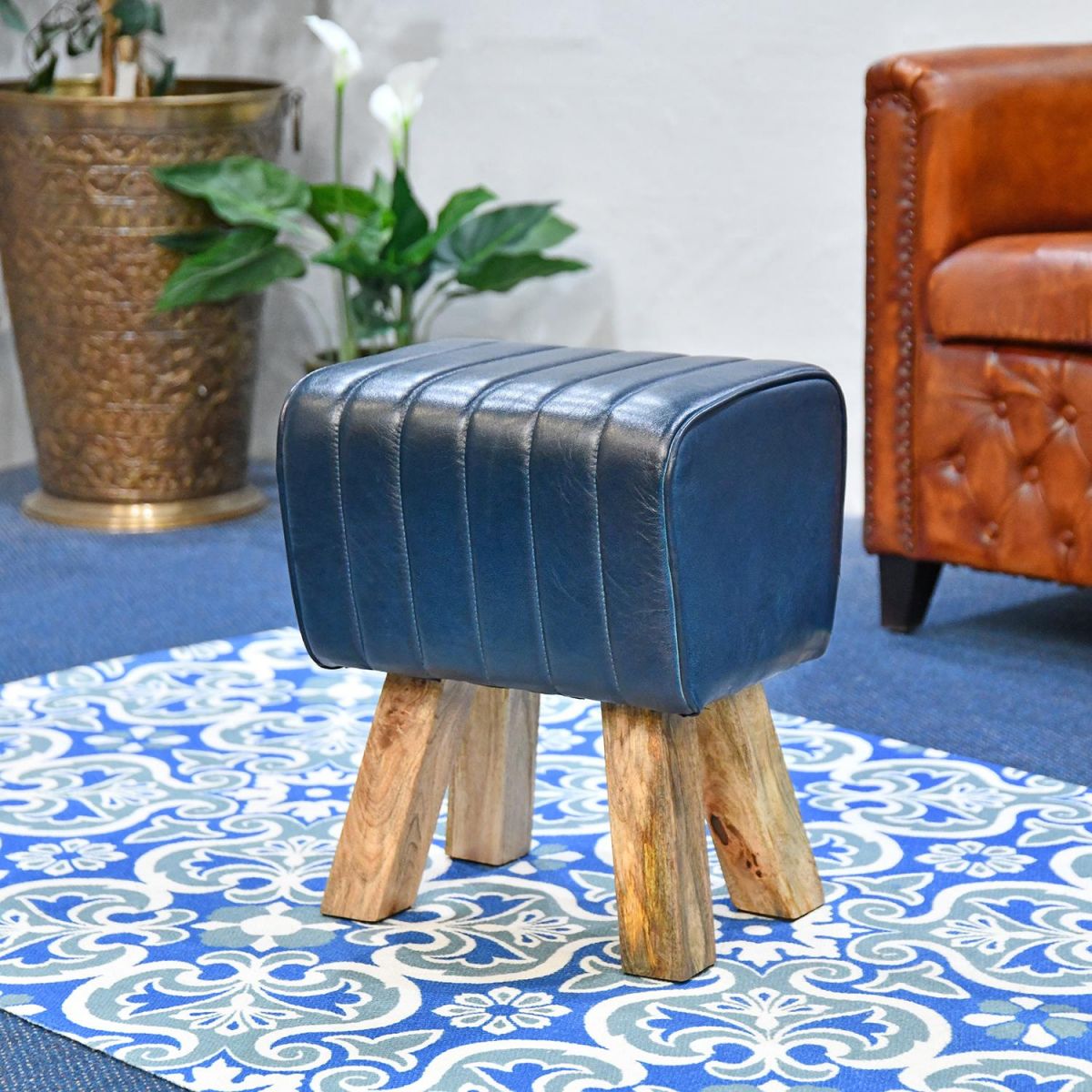 "The Orton" Mango Wood & Blue Leather Bug Stool in Situ in the Home