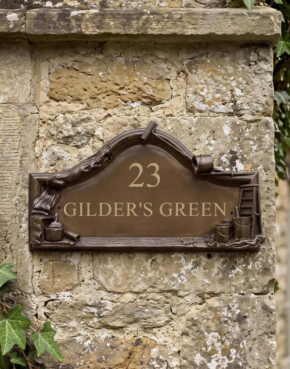 The Painter and Decorators House Name Sign with Custom Vinyl Writing on a Stone Driveway Wall - Digital Illustration 