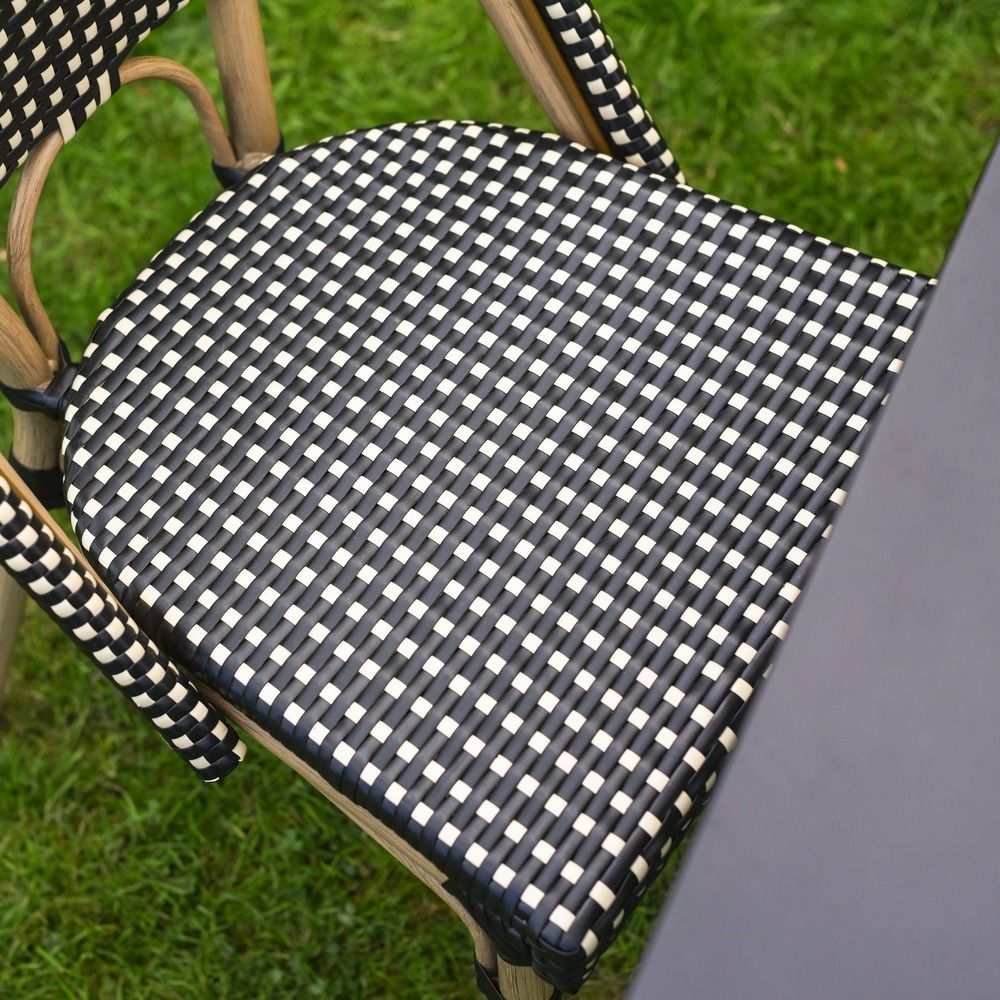 The Parisienne Bistro 2 Seater Outdoor Dining Set in Black and White Showing a Close up of the Rattan Weave Seat