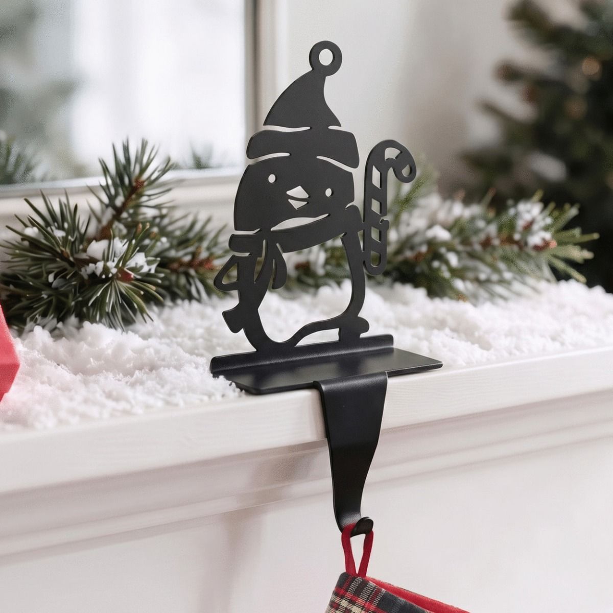 The Penguin with Candy Cane Stocking Holder on a Decorated Mantelpiece in a Modern Home - Digital Illustration