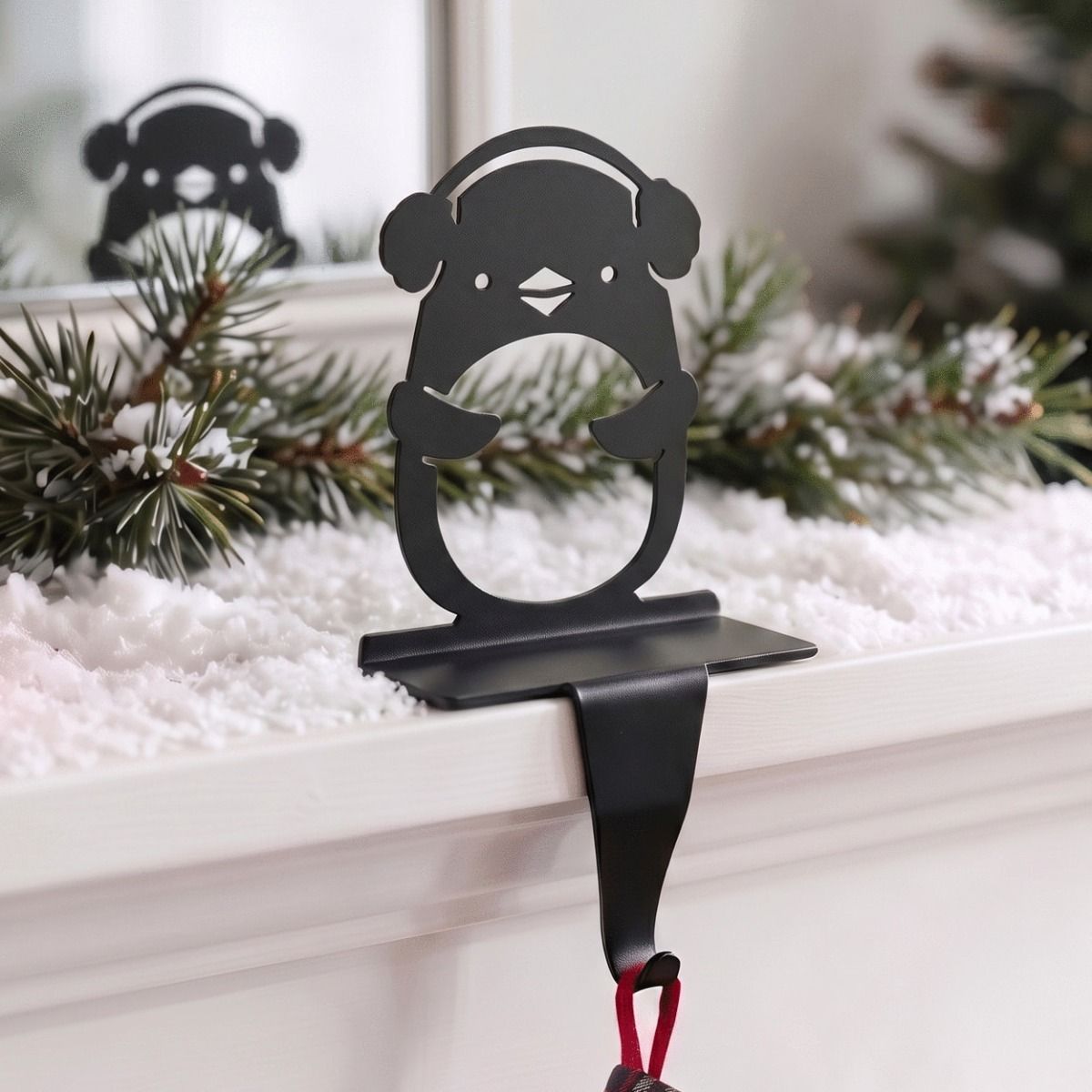 The Penguin with Ear Muffs Stocking Holder on a White Mantelpiece in a Luxury Home - Digital Illustration