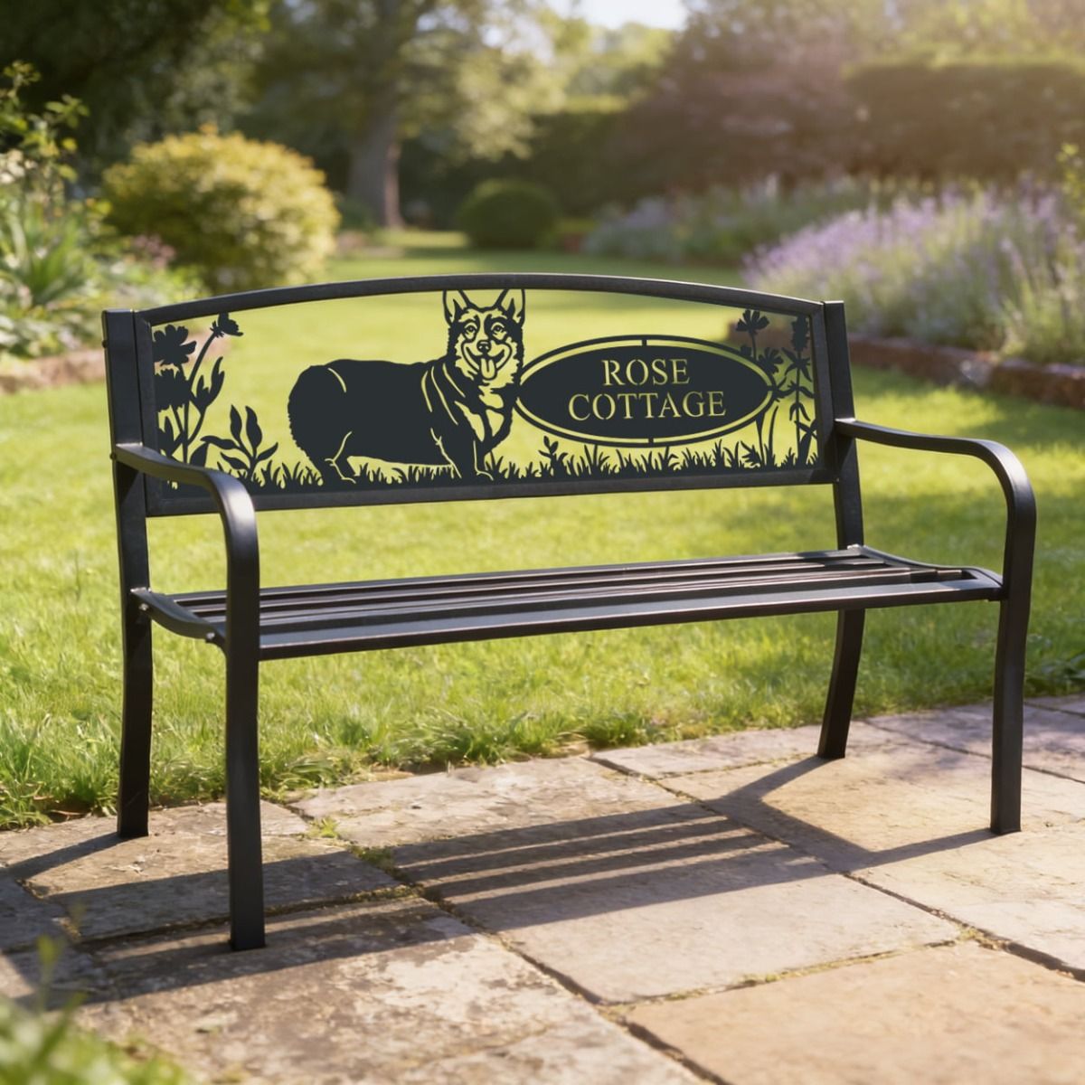The Personalised Corgi Dog Iron & Steel Park Bench in Black on a White Background a Sunny Patio with a Lawn Behind - Digital Illustration