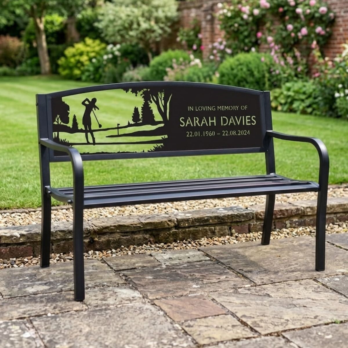 The Personalised Female Golfer Iron & Steel Park Bench used to Commemorate the Life of a Love one with Name and Dates on a White Background the Backrest - Digital Illustration