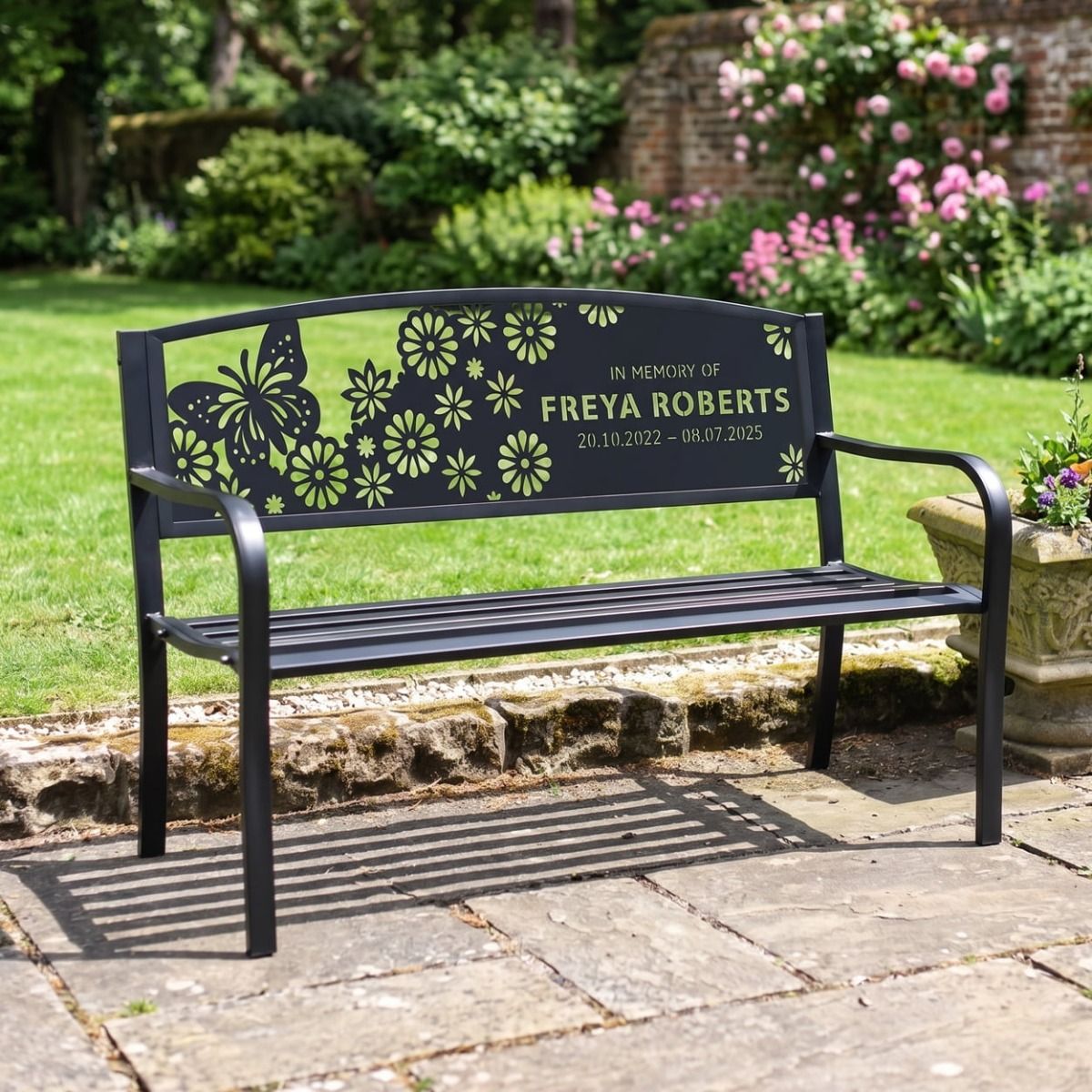 The Personalised Floral Butterfly Memorial Bench with Custom Name and Dates to Remember your Loved ones - Digital Illustration 