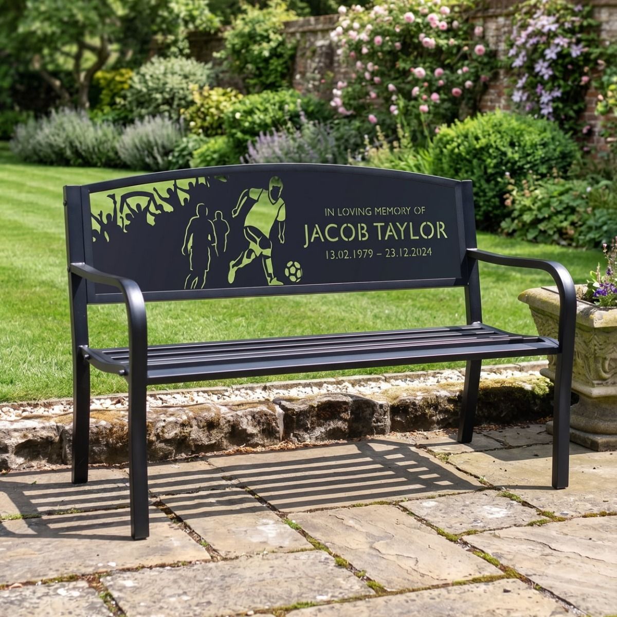The Personalised Football Player Memorial Bench Displayed to Commemorate a Loved One with Dates and Custom Name - Digital Illustration 