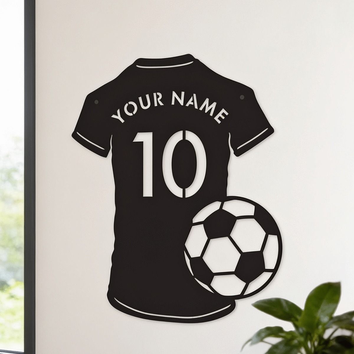 The Personalised Football Shirt & Football Wall Art with Customisable Name on it Mounted on a White Wall - Digital Illustration 