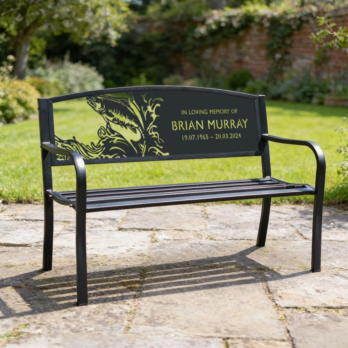 The Personalised Freshwater Salmon Iron & Steel Park Bench used as a Loving Tribute to the Memory of a Love One - Digital Illustration